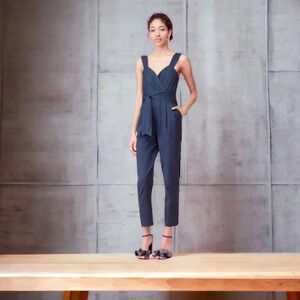 Rebecca Taylor Ottoman Navy Blue Wrap Strappy Jumpsuit Size 6